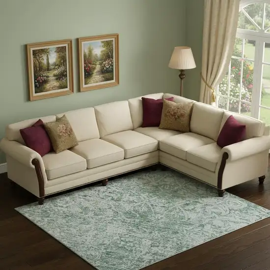 Turquoise And Ivory Oriental Washable Area Rug With UV Protection Photo 2