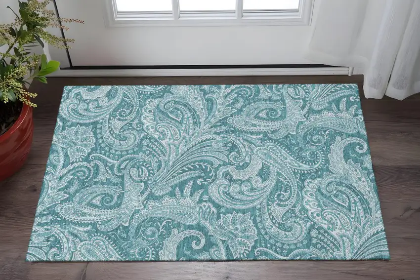 Turquoise And Ivory Paisley Washable Area Rug With UV Protection Photo 2