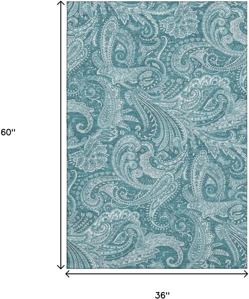Turquoise And Ivory Paisley Washable Area Rug With UV Protection Photo 5