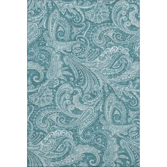 Turquoise And Ivory Paisley Washable Area Rug With UV Protection Photo 1