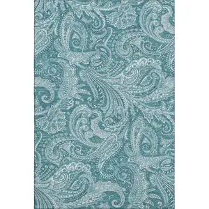 Photo of Turquoise And Ivory Paisley Washable Area Rug With UV Protection
