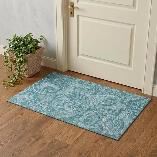 Turquoise And Ivory Paisley Washable Area Rug With UV Protection Photo 1