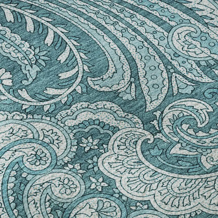 Turquoise And Ivory Paisley Washable Area Rug With UV Protection Photo 9