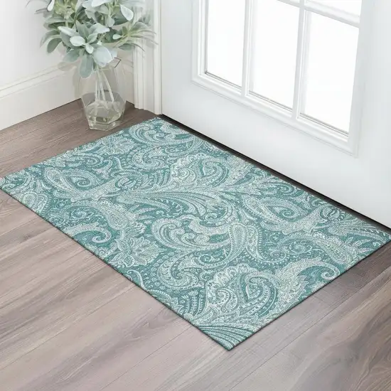 Turquoise And Ivory Paisley Washable Area Rug With UV Protection Photo 1