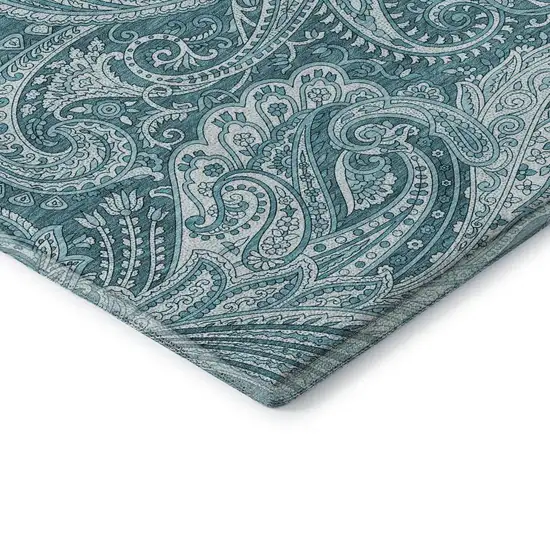 Turquoise And Ivory Paisley Washable Area Rug With UV Protection Photo 9