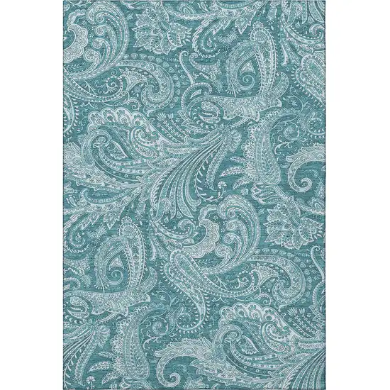 Turquoise And Ivory Paisley Washable Area Rug With UV Protection Photo 5