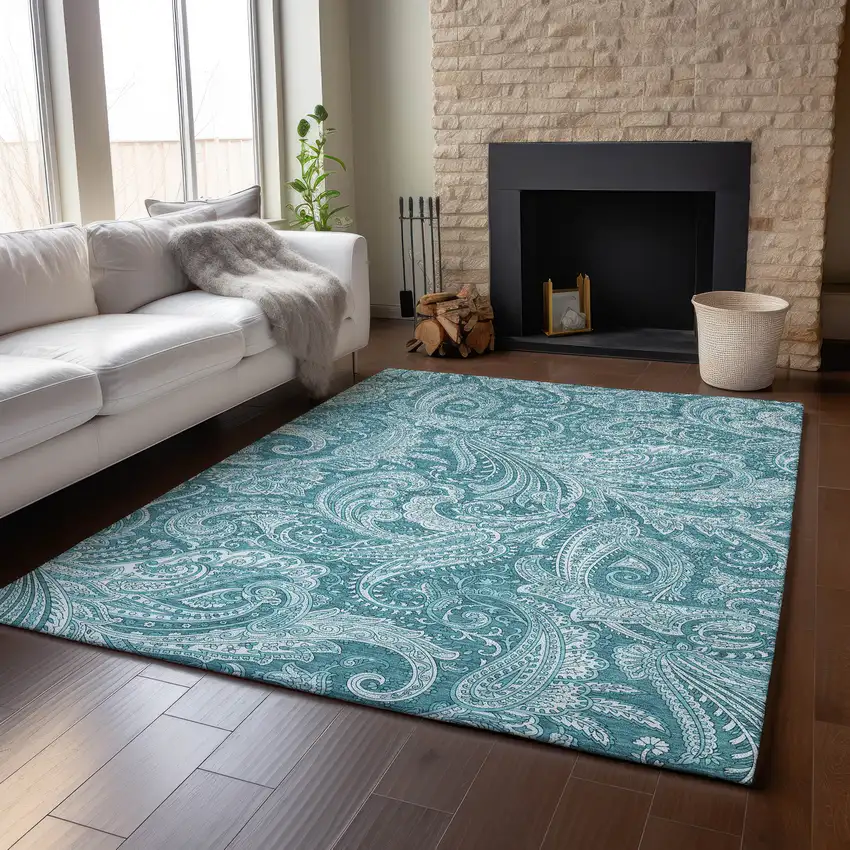 Turquoise And Ivory Paisley Washable Area Rug With UV Protection Photo 6