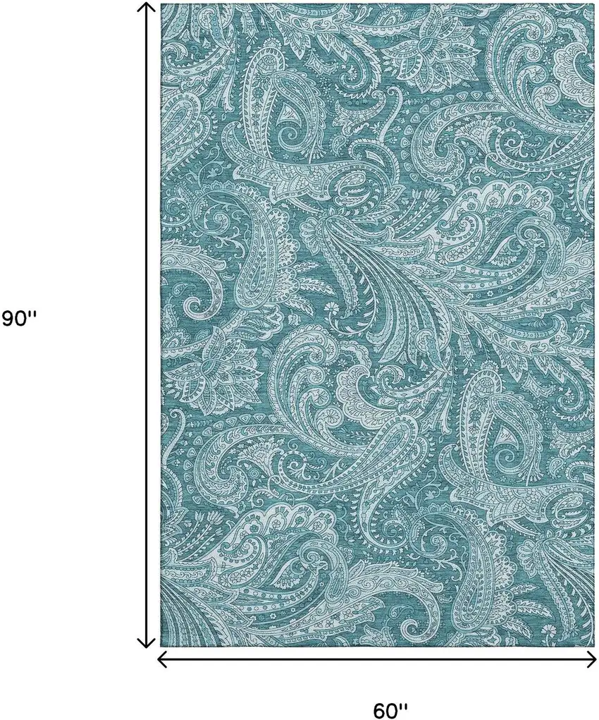 Turquoise And Ivory Paisley Washable Area Rug With UV Protection Photo 3