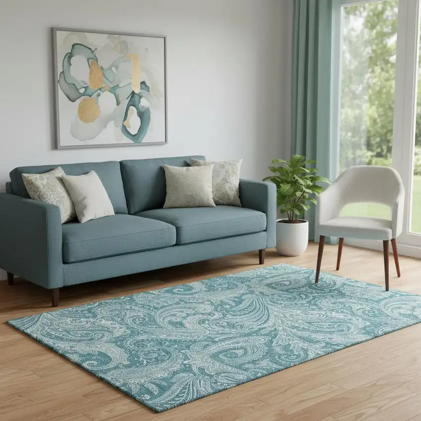 Turquoise And Ivory Paisley Washable Area Rug With UV Protection Photo 1