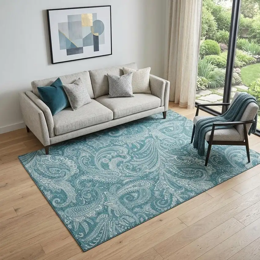 Turquoise And Ivory Paisley Washable Area Rug With UV Protection Photo 1