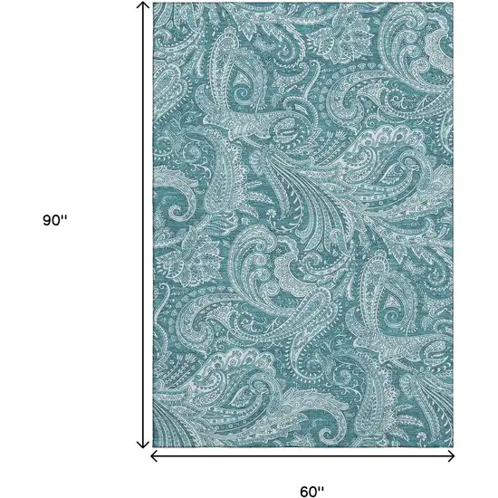 Turquoise And Ivory Paisley Washable Area Rug With UV Protection Photo 7