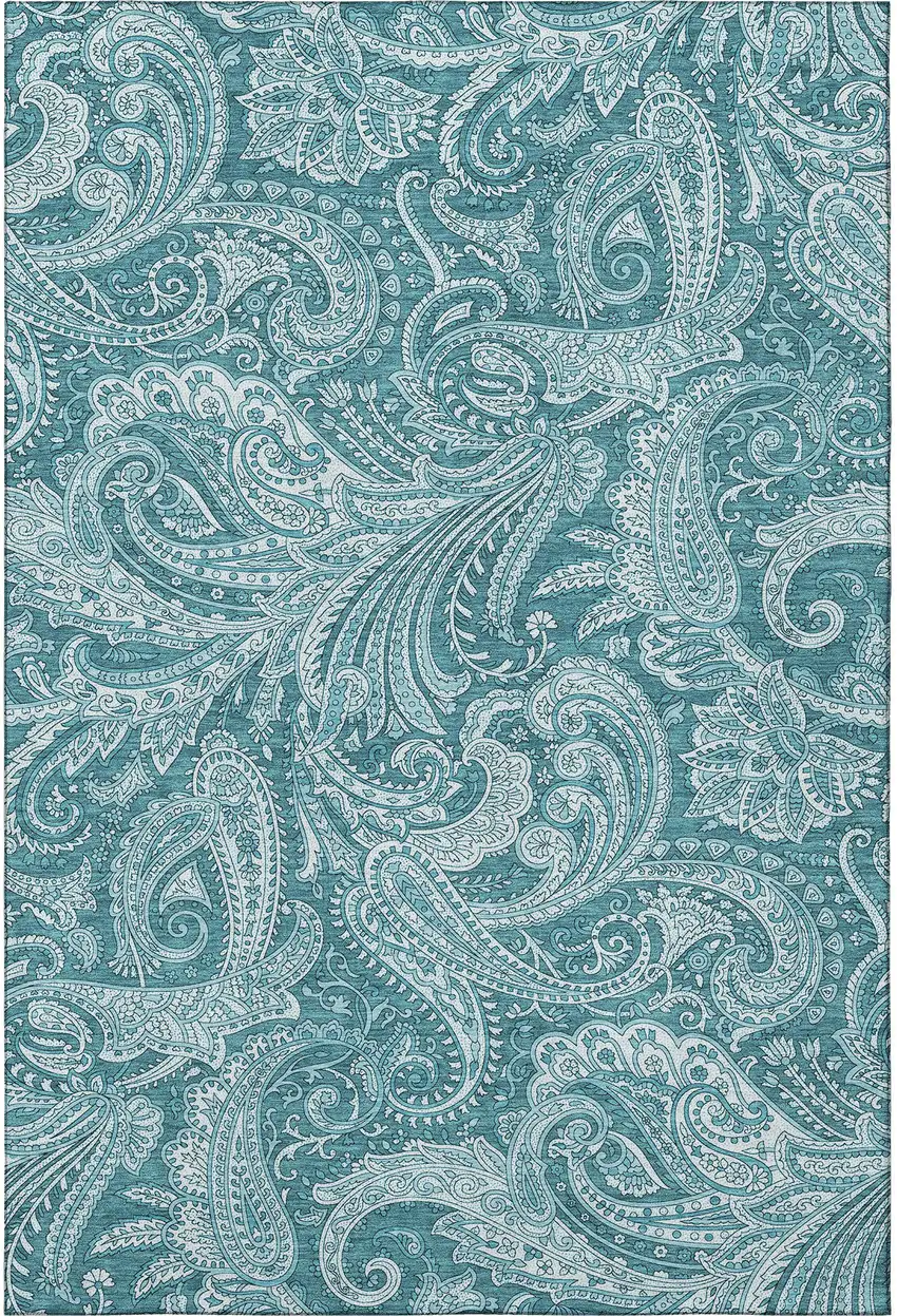Turquoise And Ivory Paisley Washable Area Rug With UV Protection Photo 4