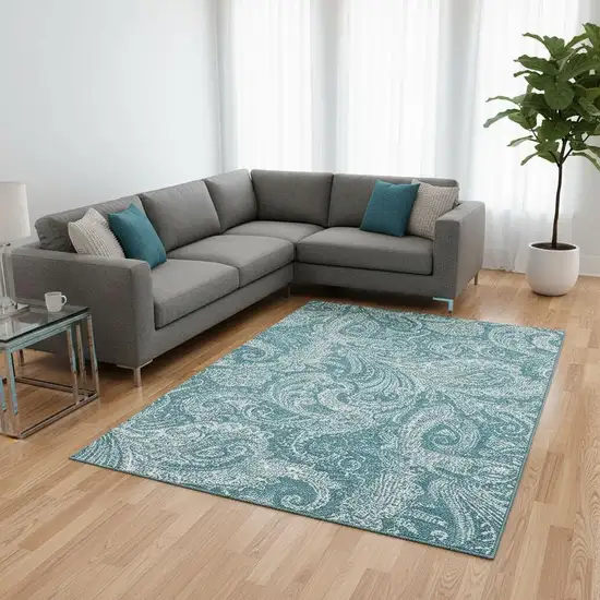 Turquoise And Ivory Paisley Washable Area Rug With UV Protection Photo 3