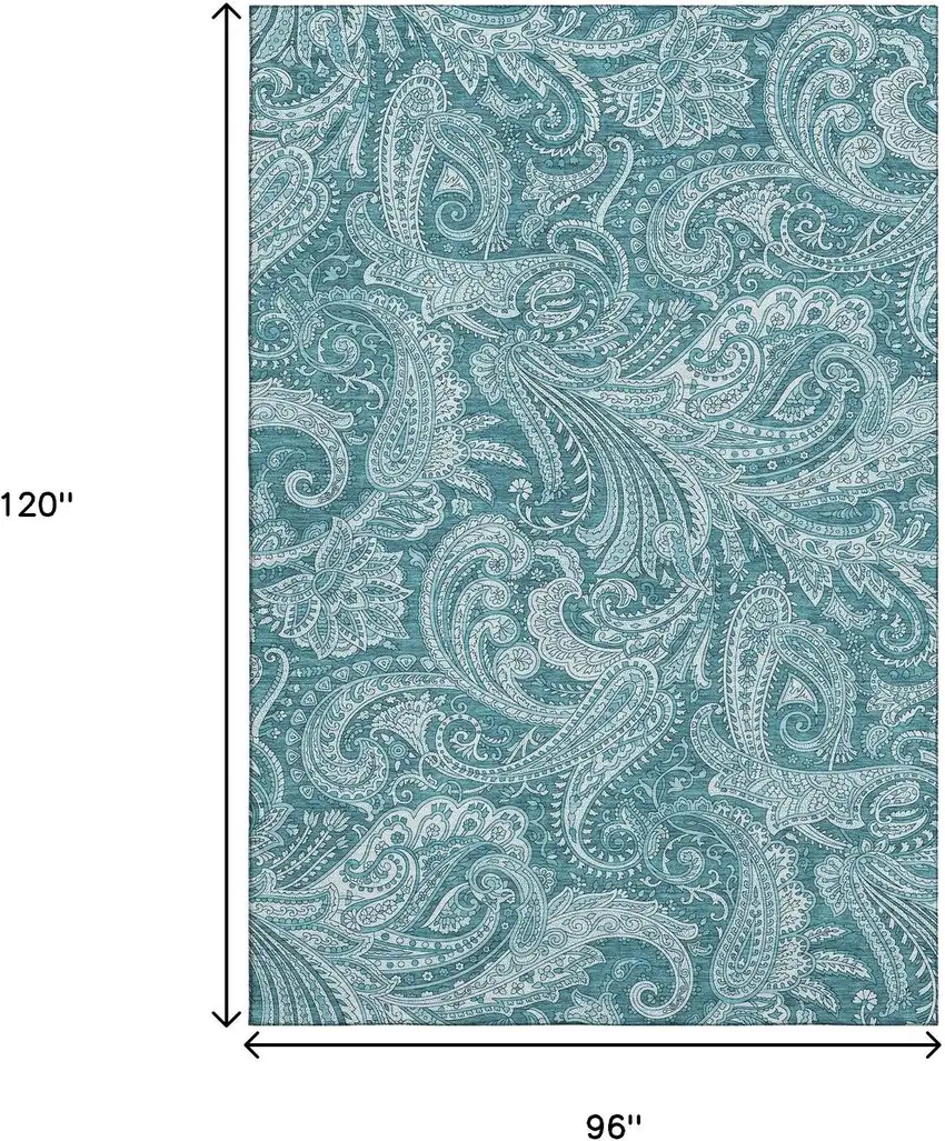 Turquoise And Ivory Paisley Washable Area Rug With UV Protection Photo 6