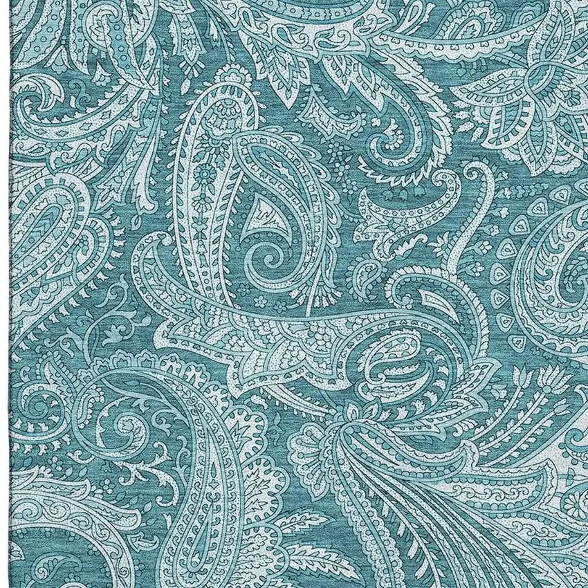 Turquoise And Ivory Paisley Washable Area Rug With UV Protection Photo 5
