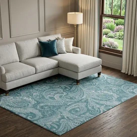 Turquoise And Ivory Paisley Washable Area Rug With UV Protection Photo 1