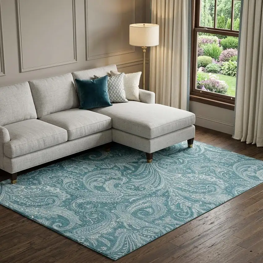 Turquoise And Ivory Paisley Washable Area Rug With UV Protection Photo 1