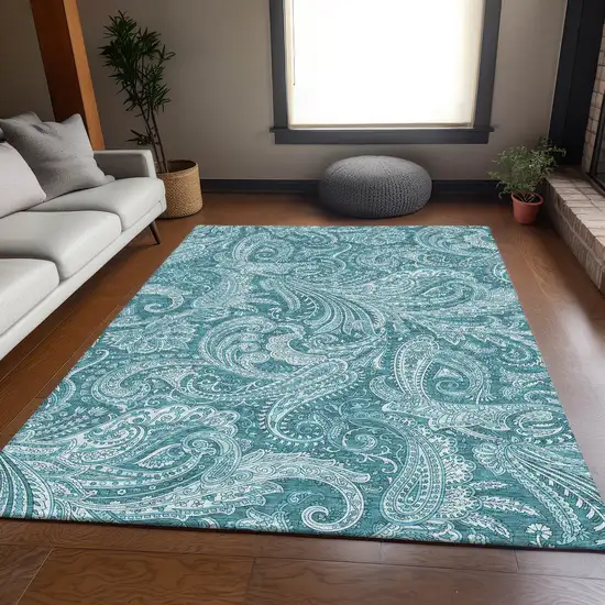 Turquoise And Ivory Paisley Washable Area Rug With UV Protection Photo 7