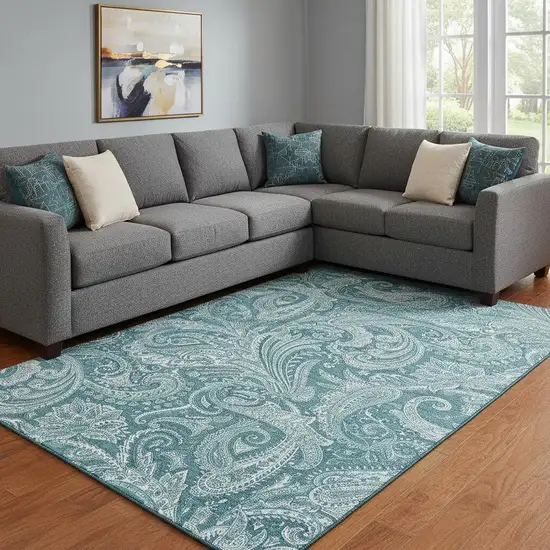 Turquoise And Ivory Paisley Washable Area Rug With UV Protection Photo 1