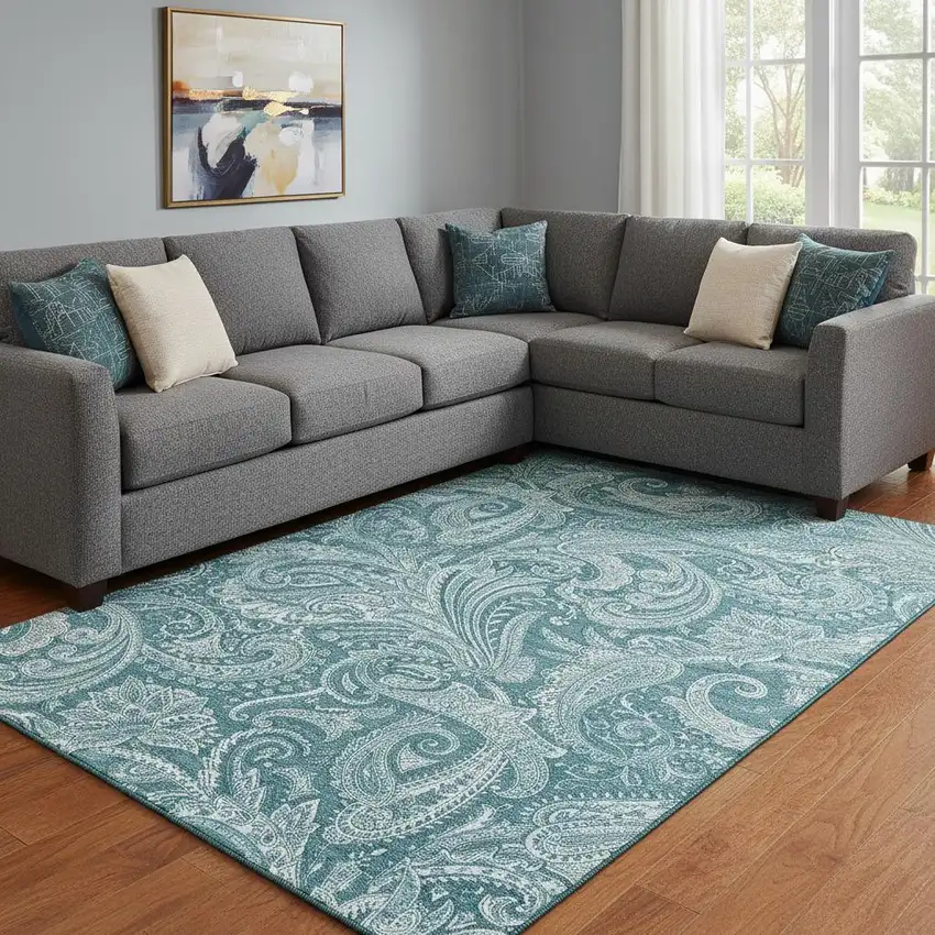 Turquoise And Ivory Paisley Washable Area Rug With UV Protection Photo 1