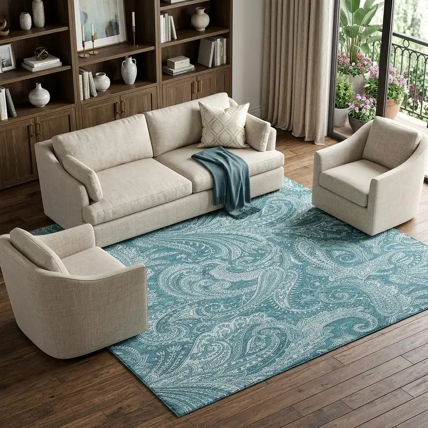 Turquoise And Ivory Paisley Washable Area Rug With UV Protection Photo 1