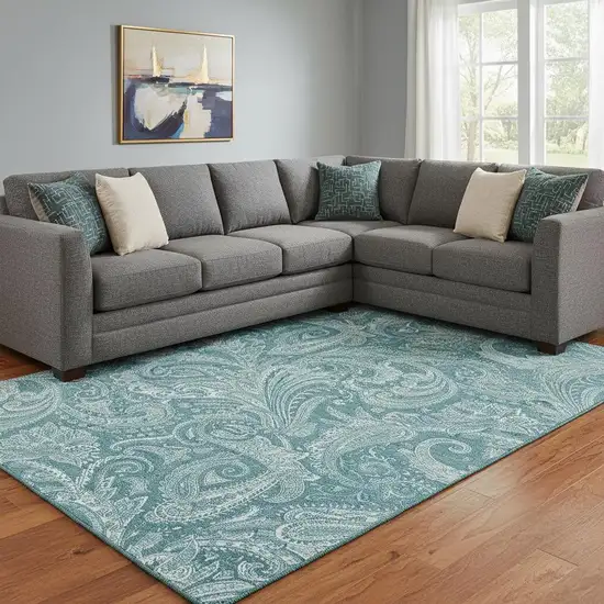 Turquoise And Ivory Paisley Washable Area Rug With UV Protection Photo 1