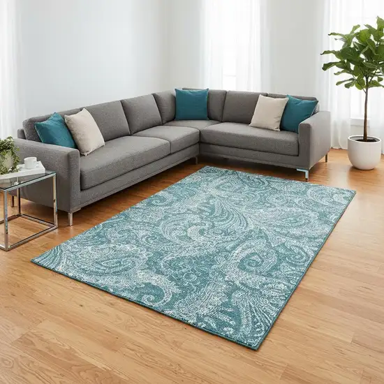 Turquoise And Ivory Paisley Washable Area Rug With UV Protection Photo 1