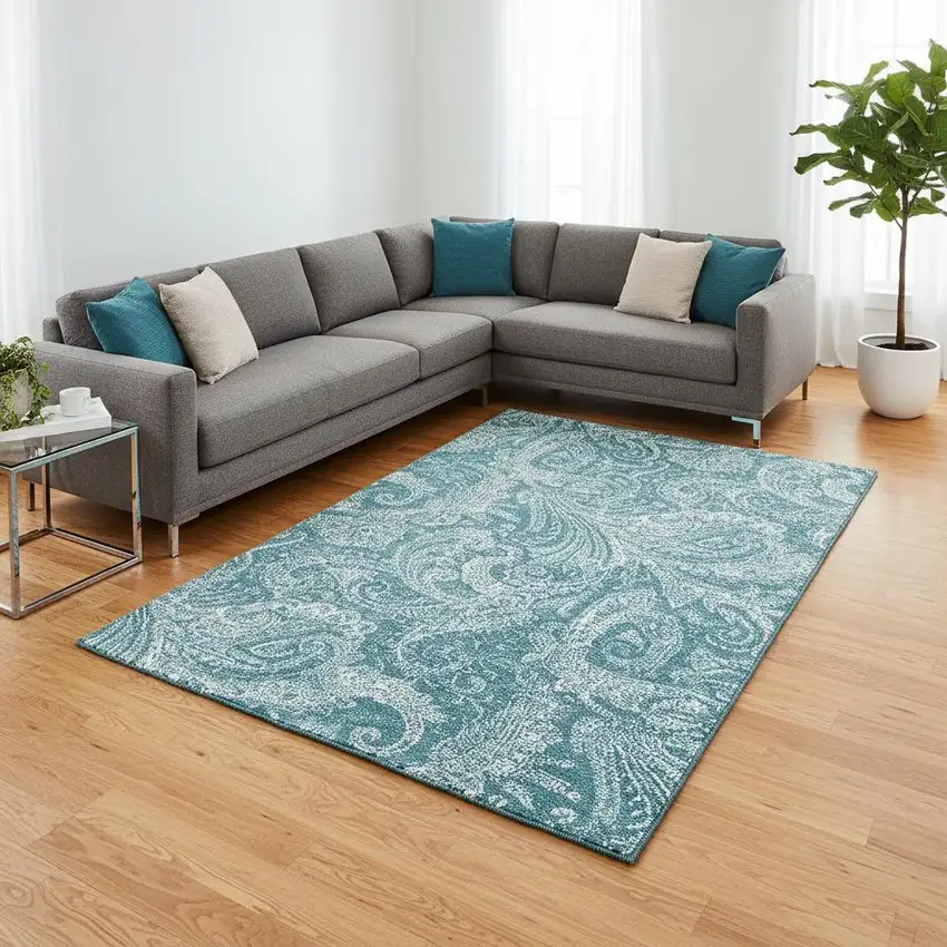 Turquoise And Ivory Paisley Washable Area Rug With UV Protection Photo 1