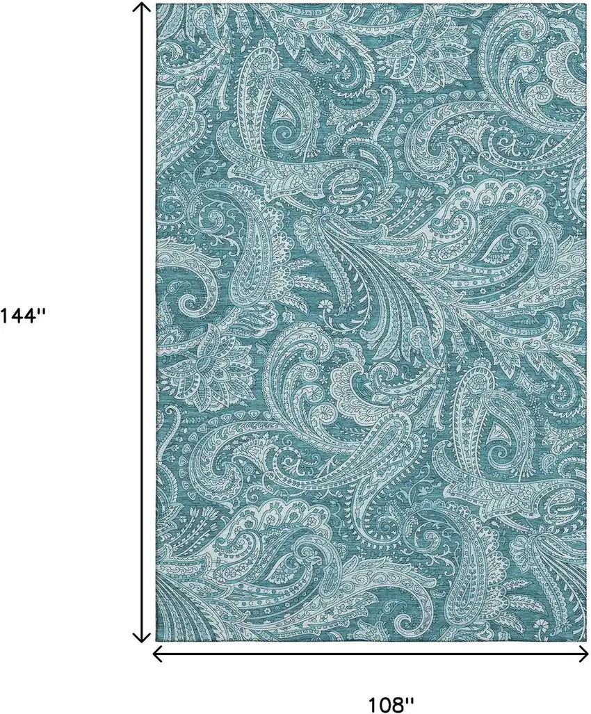 Turquoise And Ivory Paisley Washable Area Rug With UV Protection Photo 6