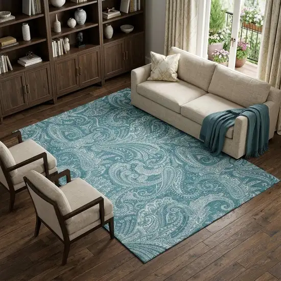Turquoise And Ivory Paisley Washable Area Rug With UV Protection Photo 1