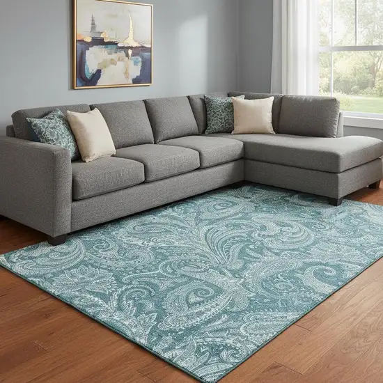 Turquoise And Ivory Paisley Washable Area Rug With UV Protection Photo 1