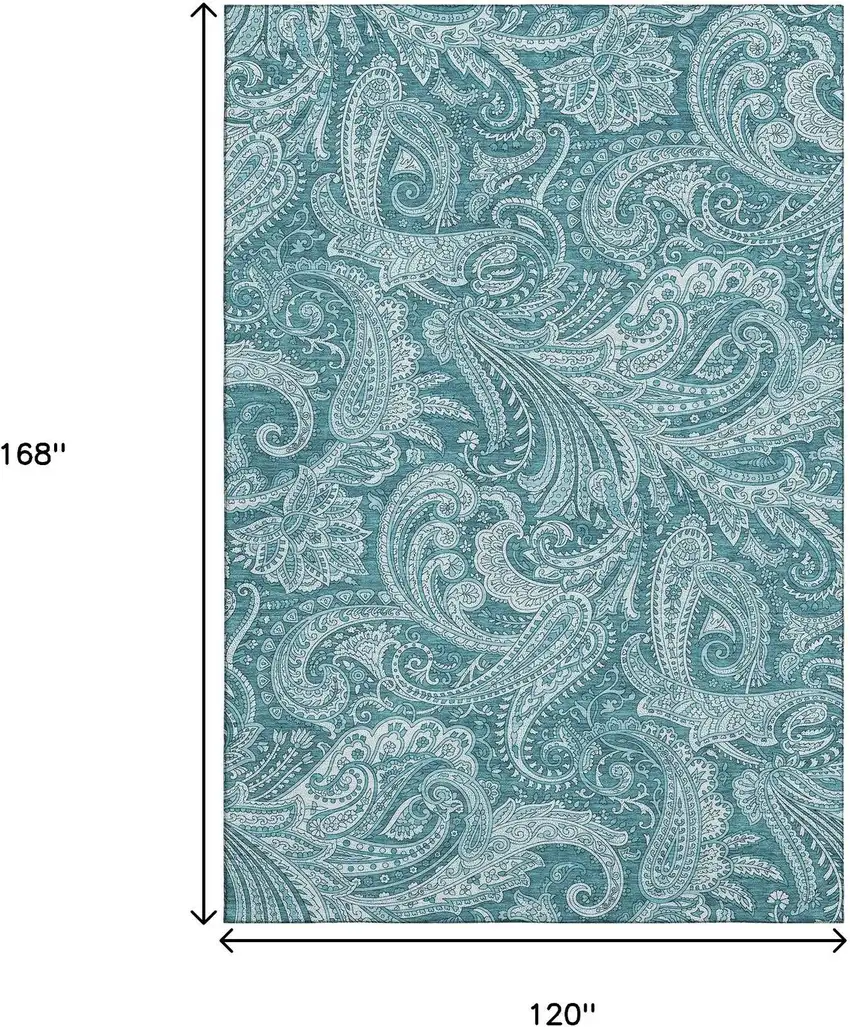 Turquoise And Ivory Paisley Washable Area Rug With UV Protection Photo 6