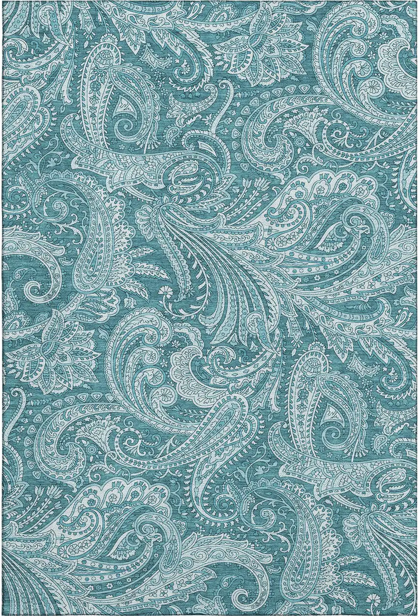 Turquoise And Ivory Paisley Washable Area Rug With UV Protection Photo 2