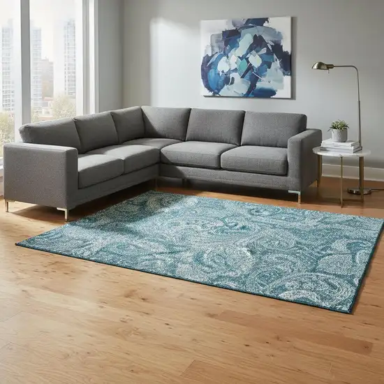 Turquoise And Ivory Paisley Washable Area Rug With UV Protection Photo 1