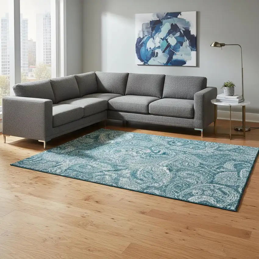 Turquoise And Ivory Paisley Washable Area Rug With UV Protection Photo 1