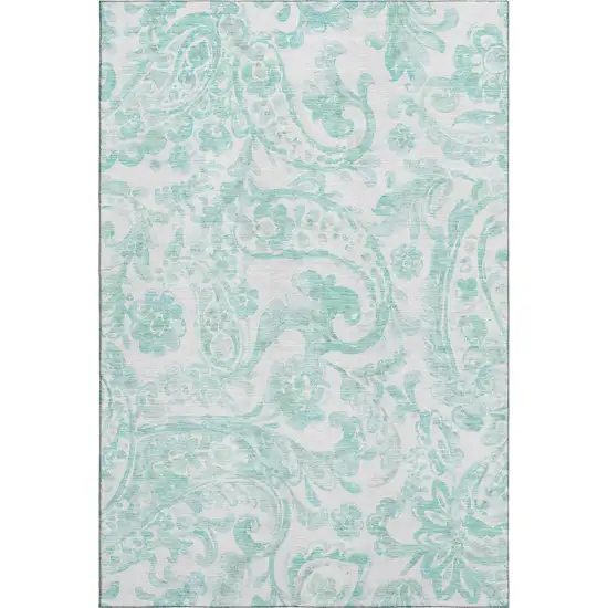 Turquoise And Ivory Paisley Washable Area Rug With UV Protection Photo 1