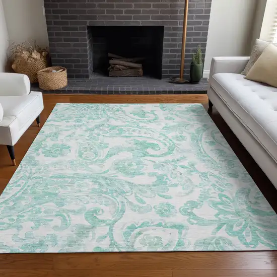 Turquoise And Ivory Paisley Washable Area Rug With UV Protection Photo 5