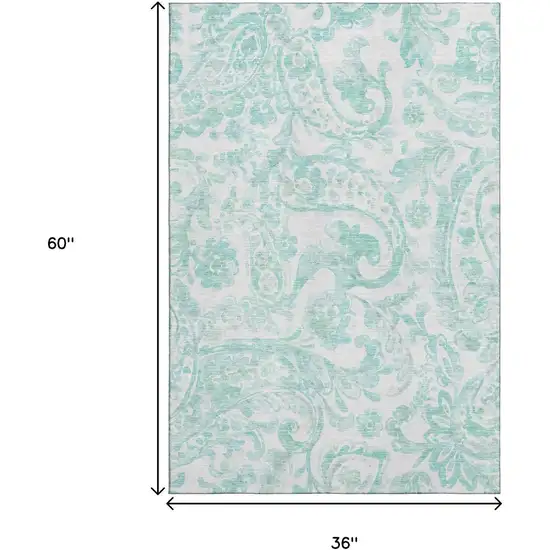 Turquoise And Ivory Paisley Washable Area Rug With UV Protection Photo 3