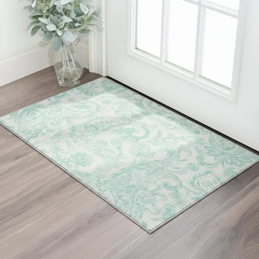Turquoise And Ivory Paisley Washable Area Rug With UV Protection Photo 2