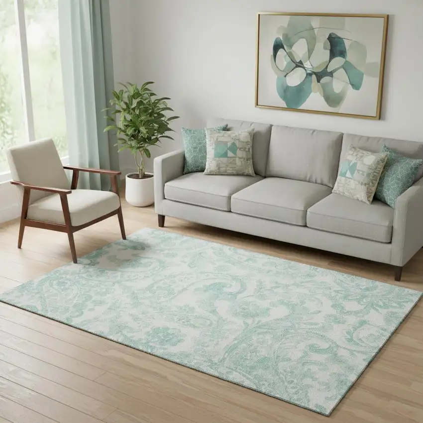 Turquoise And Ivory Paisley Washable Area Rug With UV Protection Photo 1