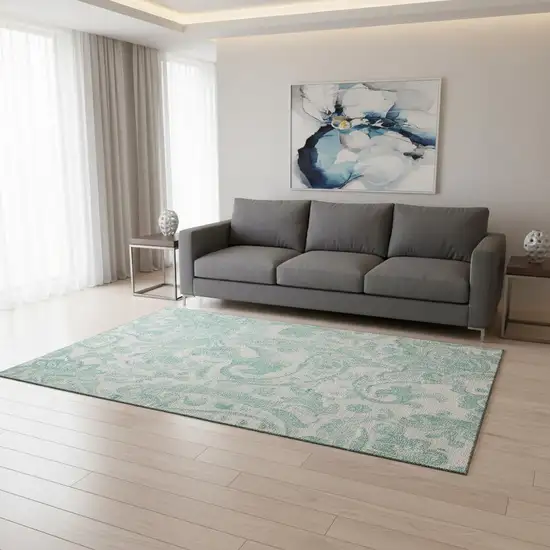Turquoise And Ivory Paisley Washable Area Rug With UV Protection Photo 2