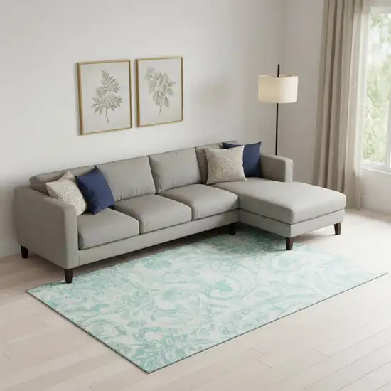 Turquoise And Ivory Paisley Washable Area Rug With UV Protection Photo 1