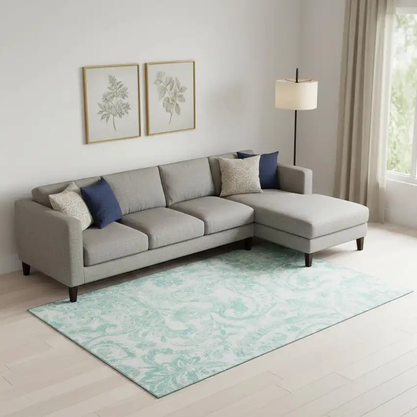 Turquoise And Ivory Paisley Washable Area Rug With UV Protection Photo 1