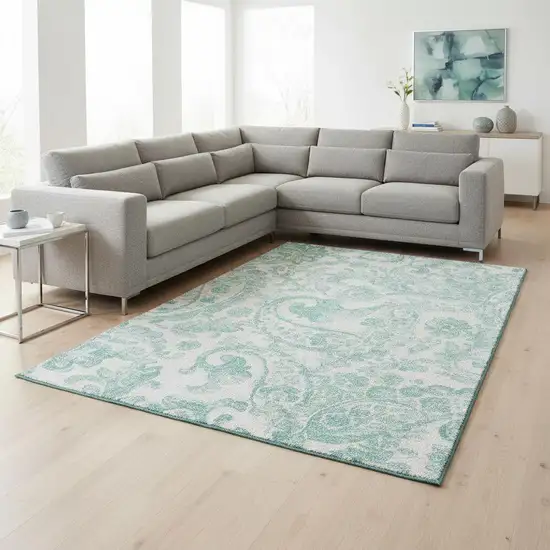 Turquoise And Ivory Paisley Washable Area Rug With UV Protection Photo 2