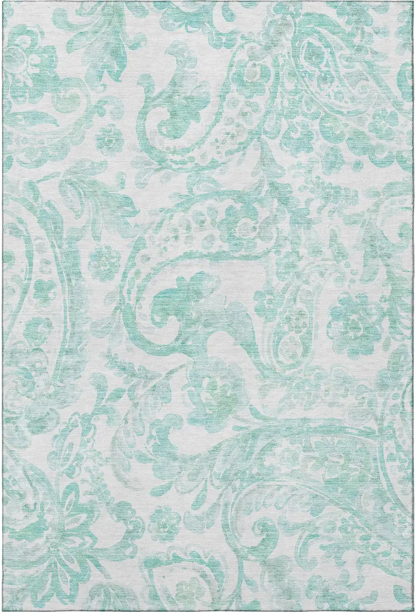 Turquoise And Ivory Paisley Washable Area Rug With UV Protection Photo 5