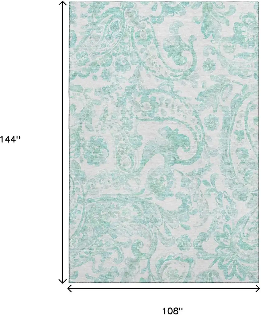 Turquoise And Ivory Paisley Washable Area Rug With UV Protection Photo 3