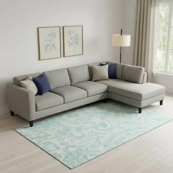 Turquoise And Ivory Paisley Washable Area Rug With UV Protection Photo 1