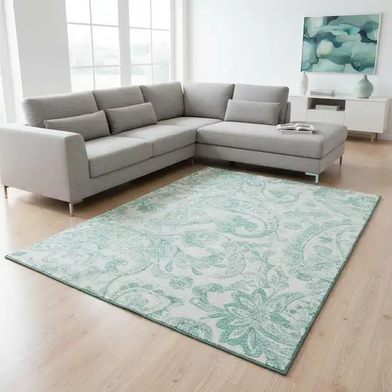 Turquoise And Ivory Paisley Washable Area Rug With UV Protection Photo 2