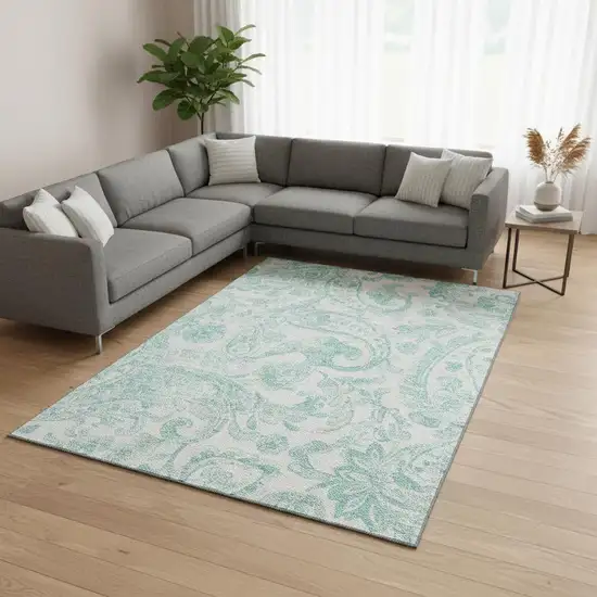 Turquoise And Ivory Paisley Washable Area Rug With UV Protection Photo 2