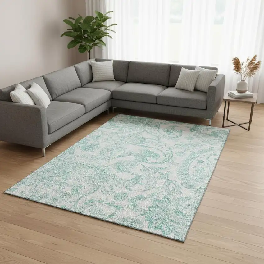 Turquoise And Ivory Paisley Washable Area Rug With UV Protection Photo 2